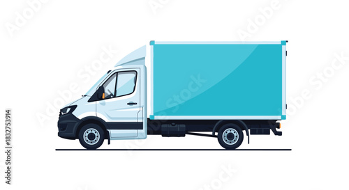 Side view of a modern white delivery truck with a blue cargo box, isolated on a white background for logistics concepts.