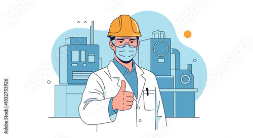 Industrial engineer or scientist in protective gear giving a thumbs-up, showing approval at a factory or manufacturing plant.