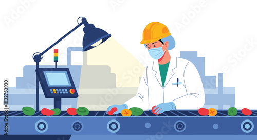Quality control inspector in a food processing plant checking fruit on an automated conveyor belt under a bright inspection lamp.