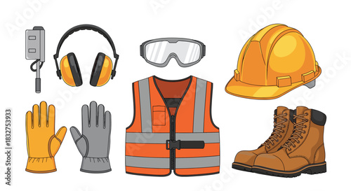 A complete set of personal protective equipment for construction workers, including helmet, vest, gloves, boots, and goggles.