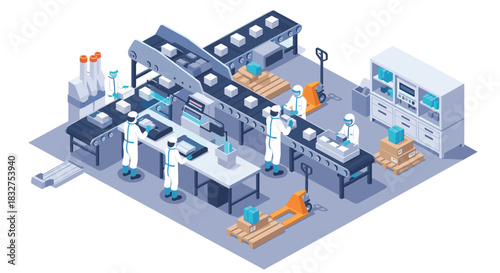 Isometric view of a pharmaceutical factory with workers in cleanroom suits on an automated production line with conveyor belts.