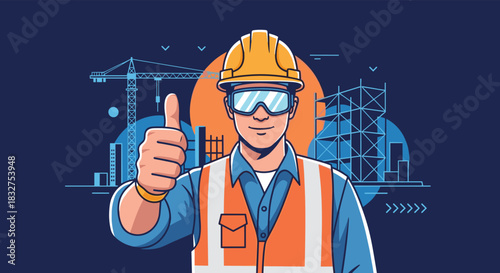 Stylized illustration of a confident construction worker in safety gear giving a thumbs-up in front of a building site graphic.