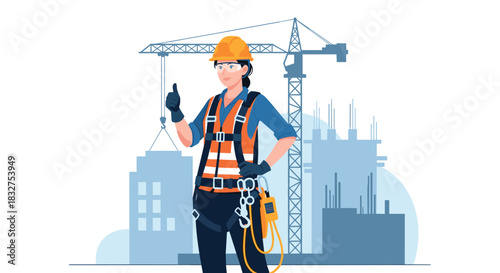 Confident female construction worker wearing a safety harness for fall protection giving a thumbs-up at a high-rise building site.