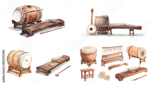 Watercolor illustrations of traditional drums and string instruments with wooden textures, showing cultural musical sets, percussion tools, and classic folk instrument designs.