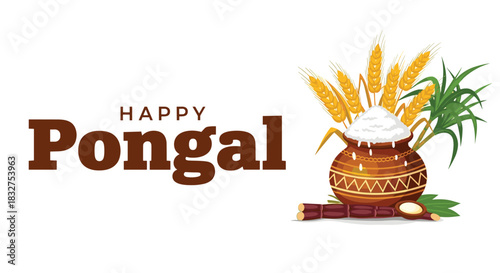 Happy Pongal festival greeting card with a traditional clay pot of rice, sugarcane, and wheat sheaves on a white background.