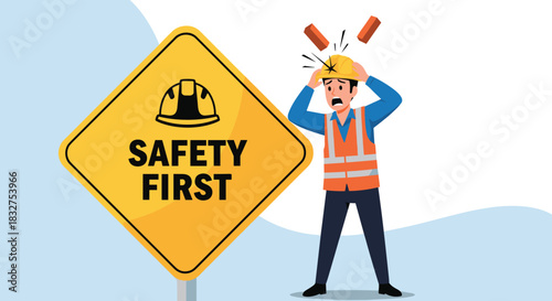 Safety First concept showing a worker without a hard hat being hit by falling bricks, emphasizing the importance of head protection.