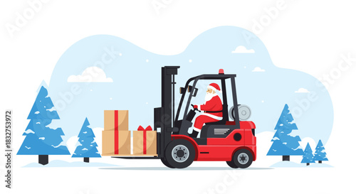 Santa Claus operating a red forklift to transport Christmas gifts through a snowy forest, a modern take on holiday logistics.