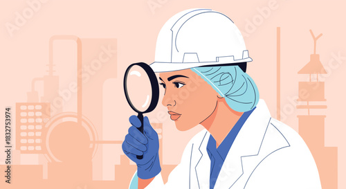 Female inspector in a sterile uniform and hard hat using a magnifying glass for quality control inspection at a factory or plant.