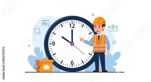 Construction worker character pointing to a large clock, illustrating concepts of project deadlines, time management, and schedules.