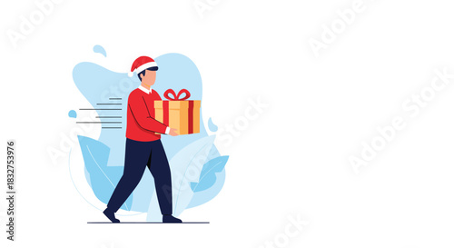 Man in a Santa hat and red sweater rushing to deliver a Christmas gift, representing the holiday season express delivery service.