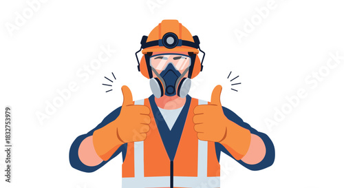 Worker in full personal protective gear, including a respirator and helmet with a light, giving two thumbs up for safety approval.