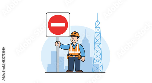 Construction worker holding a 'do not enter' sign to restrict access to a dangerous area, with a city skyline in the background.