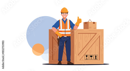 Warehouse or delivery worker giving a thumbs-up next to a wooden crate and cardboard box, confirming a successful shipment.