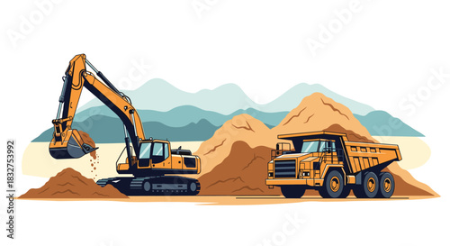 An excavator loading sand into a large mining dump truck at a quarry with mountains in the background, a vector illustration.