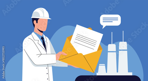 An industrial engineer holding a large open envelope with an official document, representing a report or communication from a factory.