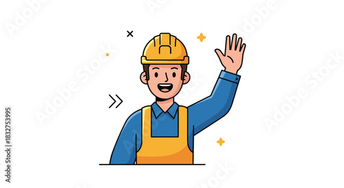 A friendly and happy cartoon construction worker character wearing a hard hat and overalls waving hello with a cheerful expression.