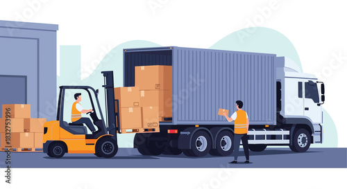 Warehouse workers loading a container truck with cardboard boxes, with one employee operating a forklift and another stacking by hand.