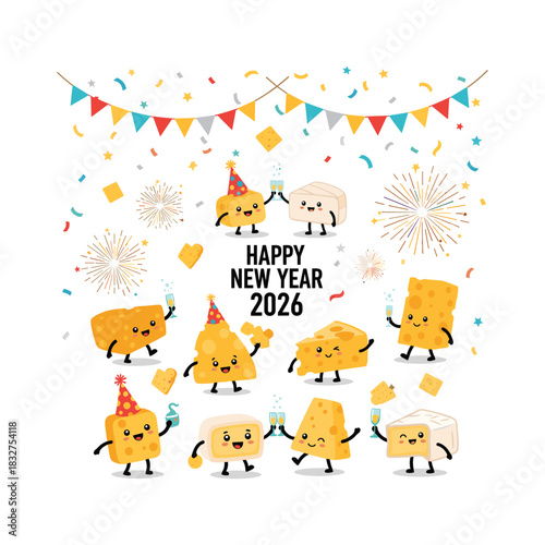 Happy new year 2026 cheese characters flat vector illustration