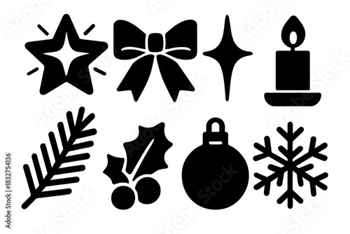 Brutalist Star & Holiday Icons. Star topper silhouette icon set : glowing star, ribbon bow, sparkle, candle, pine branch, holly leaf, ornament, snowflake