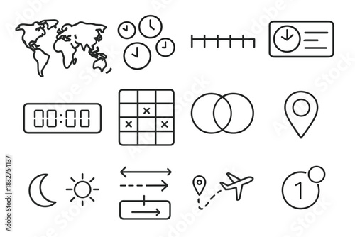 Global Time Interface. Minimal world time interface set linear icon set. simplified continents map, floating time bubbles, timeline strip, world clock widget, digital time digits