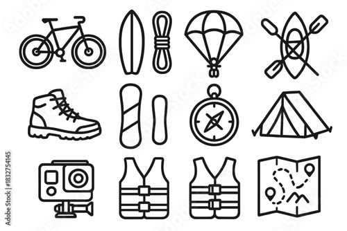 Adventure Icons Collection. Adventure Sports Travel linear icon set: mountain bike, surfboard, climbing rope, kayak, parachute, hiking boots, snowboard, compass, tent, action