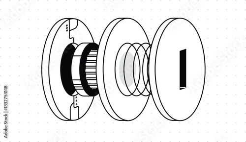 Exploded isometric memory disk. Layered data plates, circular buffers, signal rings, abstract tech data storage. On‑chain off‑chain processing, prediction analytics and digital information architect