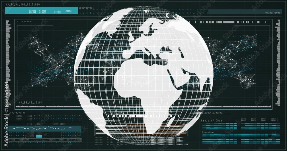 Obraz premium Displaying white stylized globe occupying center, showing network node diagrams and HUD panels