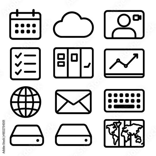 Digital Tool Icons. Digital tools linear icon set. calendar app, cloud icon, chat bubble, video call screen, to-do list, project board, analytics graph, keyboard, globe, email icon