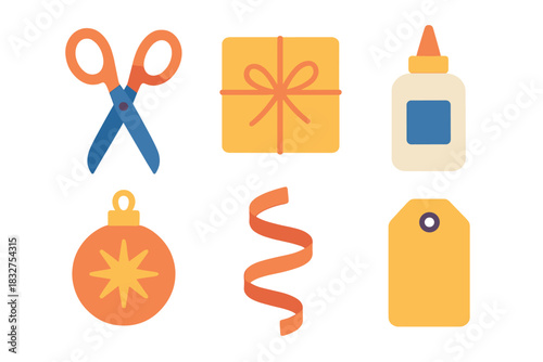 Crafting Gift Essentials. Handmade Presents flat icon set : craft scissors, wrapped parcel, glue bottle, ornament decoration, ribbon curl, label card