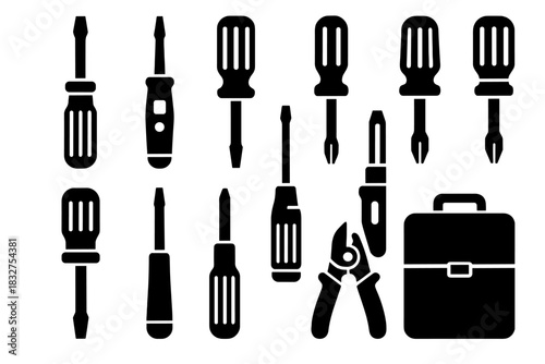 Brutalist Screwdriver Icons Set. Electricians Screwdrivers silhouette icon set. insulated screwdriver, voltage tester, flathead, Phillips, terminal driver, stubby driver, precision