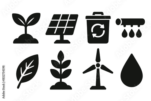 Sustainable Farming Icons. Sustainable Farming Crops silhouette icon set. sprout, solar panel, compost bin, irrigation pipe, leaf, plant, wind turbine, droplet.