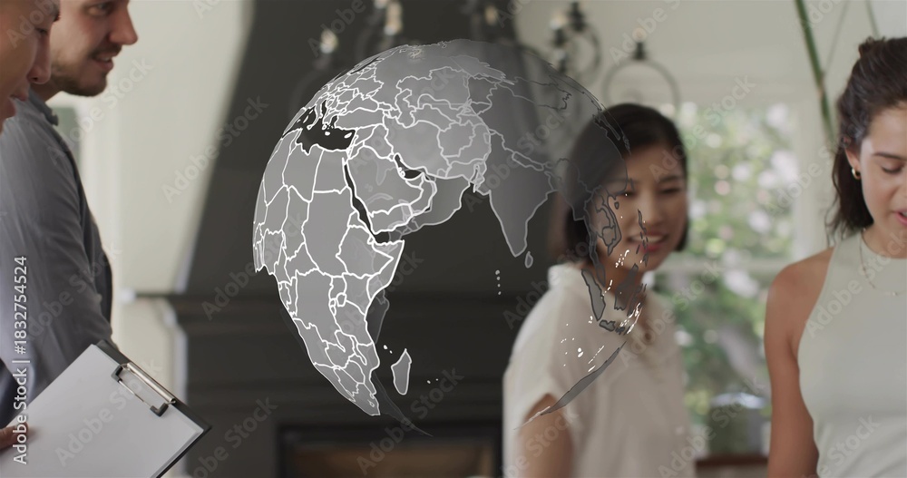 Fototapeta premium Discussing team in business shirts surrounding digital globe overlay by window, with clipboard