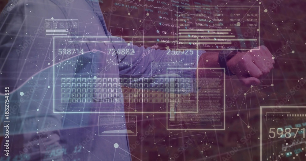 Obraz premium Manipulating augmented keyboard, two men in collared shirts exploring data panels and graphs in lab