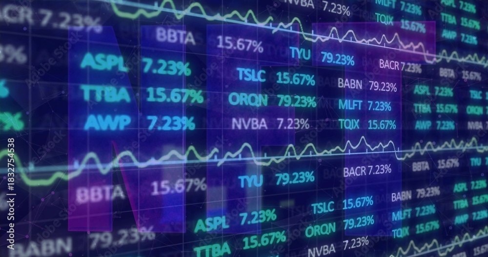 Fototapeta premium Displaying digital stock market monitor, showing tickers, percentages, line graphs, grid