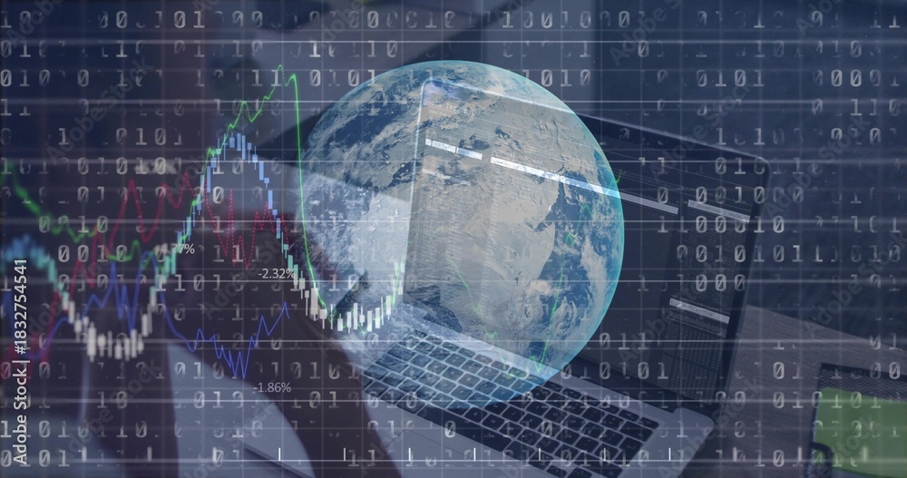 Fototapeta premium Displaying digital globe overlaying laptop keyboard at desk, with binary code and financial charts