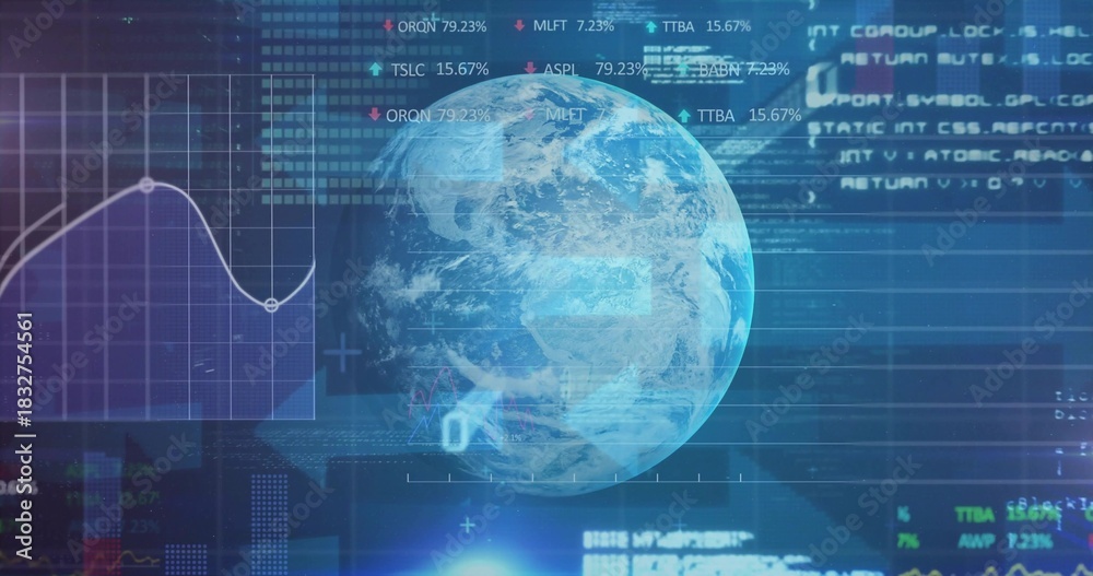 Obraz premium Displaying rendered Earth globe hovering over virtual dashboard, showing line chart, percent labels