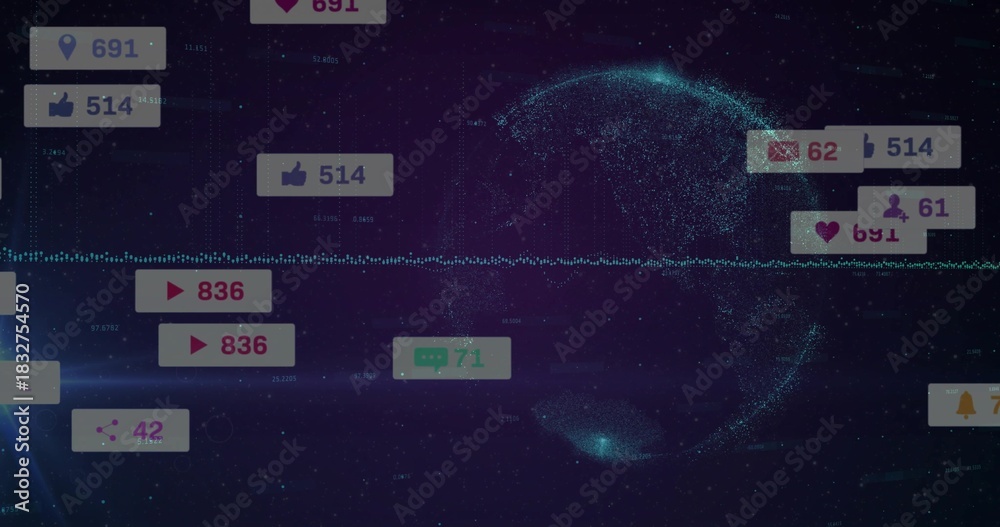 Fototapeta premium Rotating data globe pulsing waveform at right, with notification badges and data labels, copy space