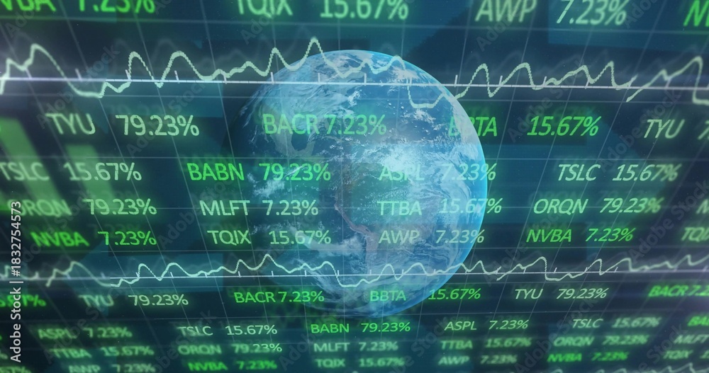 Obraz premium Displaying Earth globe rotating over dark grid display, with tickers, percent values and sparklines