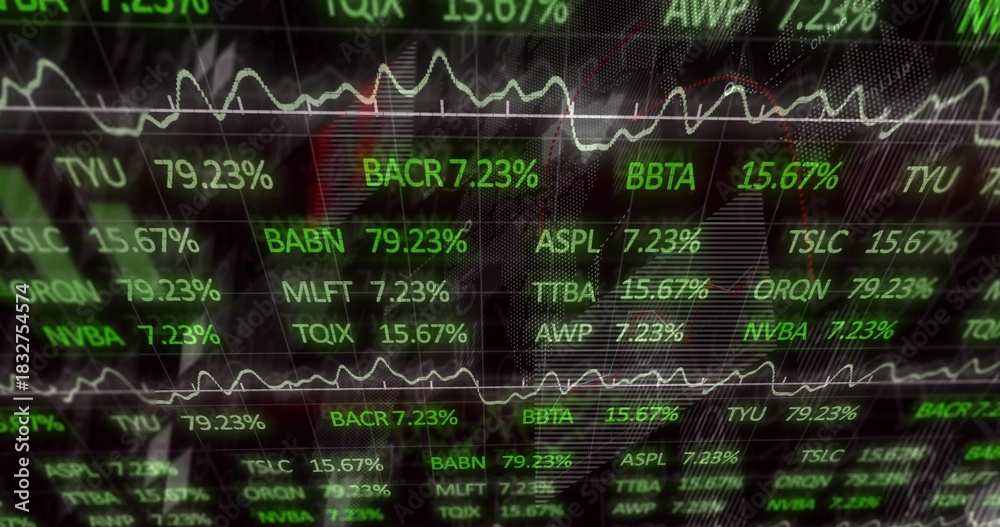 Obraz premium Displaying stock ticker panel filling large monitor at trading desk, showing neon-green percentages