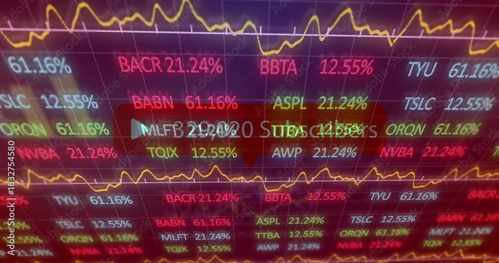 Fototapeta premium Displaying stock market tickers with percentages, yellow line chart on screen, showing play-overlay