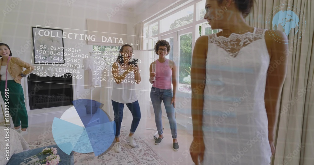 Naklejka premium Bride in white lace dress posing in living room with women holding tape, data-overlay, copy space