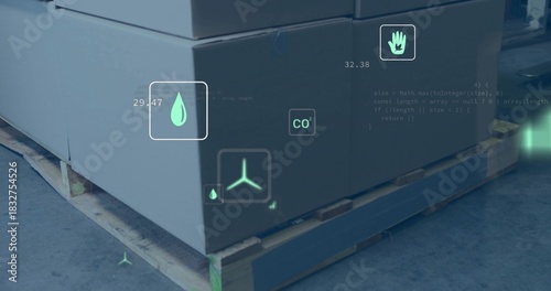 Displaying large cardboard boxes on wooden pallet in warehouse, with AR water 29
