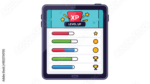 Tablet screen showing gamified to-do list with progress bars and rewards, flat vector design for ADHD productivity apps and motivational task management digital tools