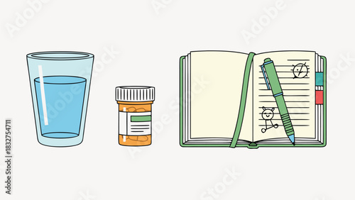 Morning routine sequence with water glass, pill bottle and notebook laid out in line, flat vector style for ADHD morning routine and daily habit building visual organizational system