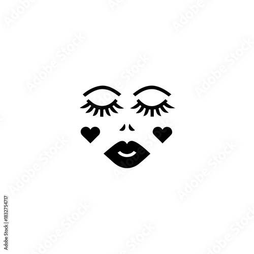 Stylized face with closed eyes and hearts on the cheeks art on transparent background