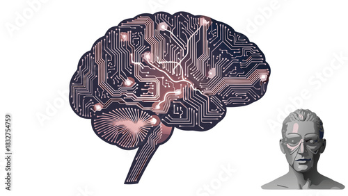 Stylized circuit board shaped like brain with glowing dopamine pathways highlighted, flat vector tech style for ADHD brain wiring and neuroscience visualization educational concept