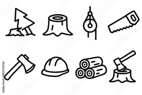 Tree Harvesting Icons. Tree harvesting concept linear icon set: cut tree, stump, rope, pulley, saw, axe, worker helmet, log pile