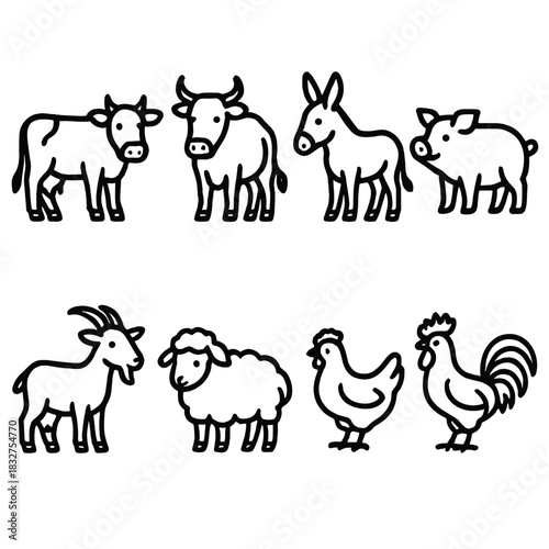 Farm Animal Icons. Rural animals concept linear icon set: cow, ox, donkey, pig, goat, sheep, hen, rooster
