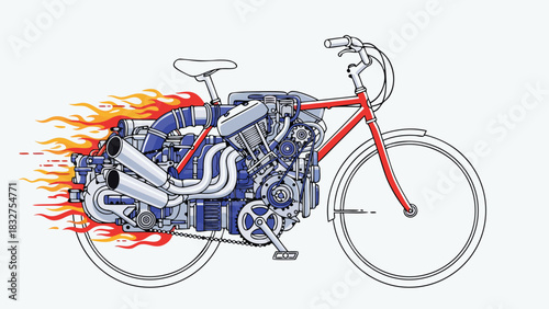 Race car engine inside bicycle frame as metaphor for ADHD brain, surreal flat vector style for neurodivergent brain differences and cognitive processing speed visualization concept