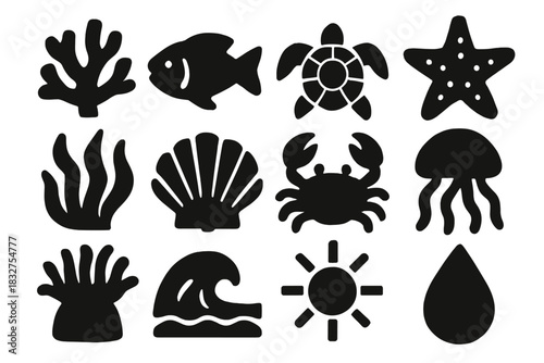 Brutalist Marine Icons. Marine Reef silhouette icon set: coral, fish, turtle, starfish, seaweed, shell, crab, jellyfish, anemone, wave, sun, water droplet